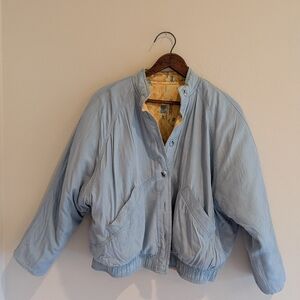 1980s Cotton Raglan Sleeve Reversible Quilted Bomber Jacket Blue Butter Yellow